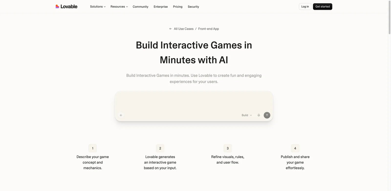 Lovable Interactive Games interface showing front-end game prototype generation