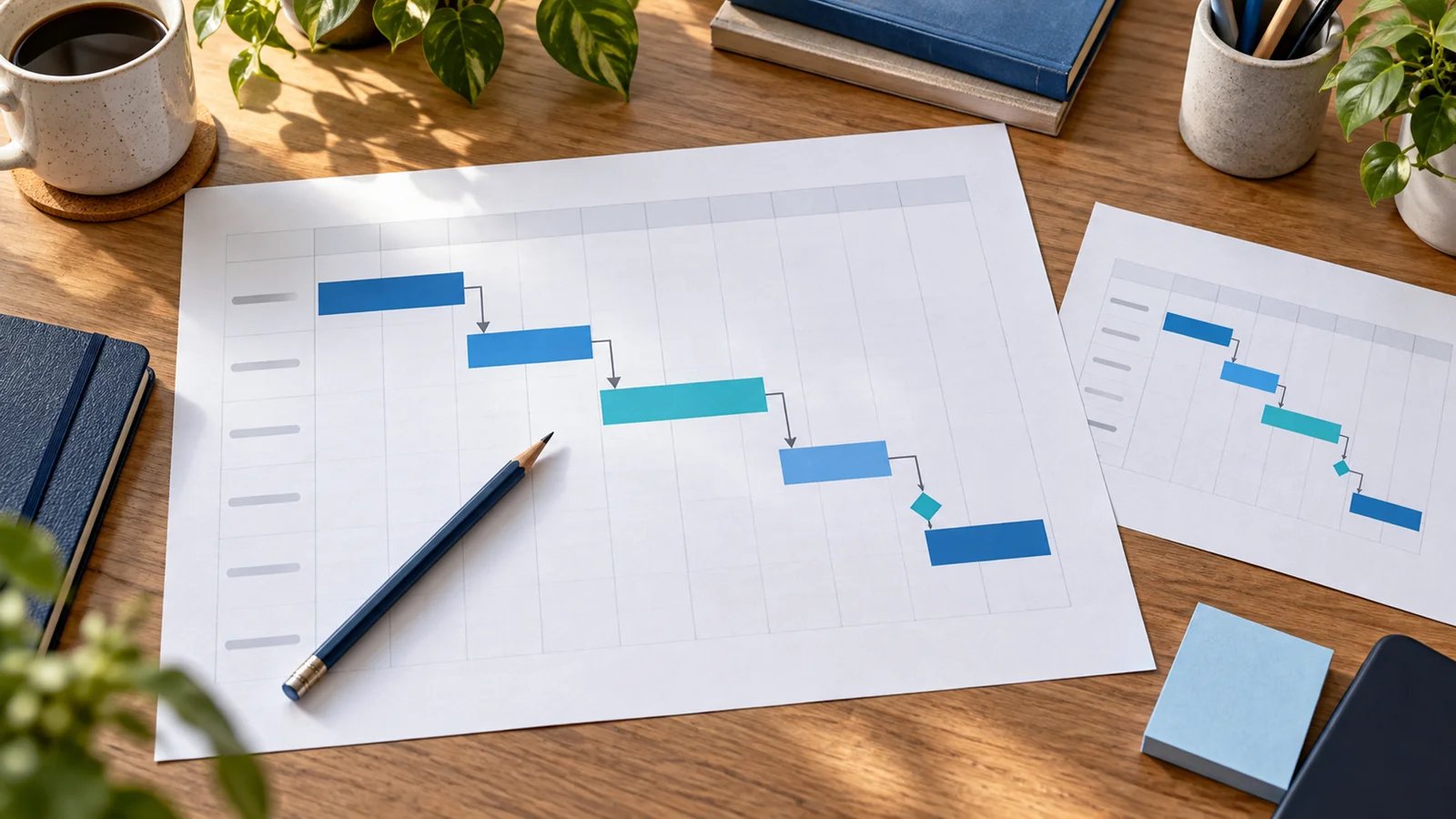 A Gantt schedule with staggered task bars, dependency arrows and a milestone on a planning desk