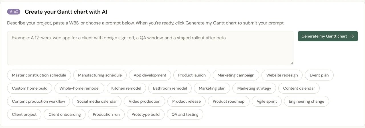 TeamGantt public AI Gantt input for a project description or work breakdown structure