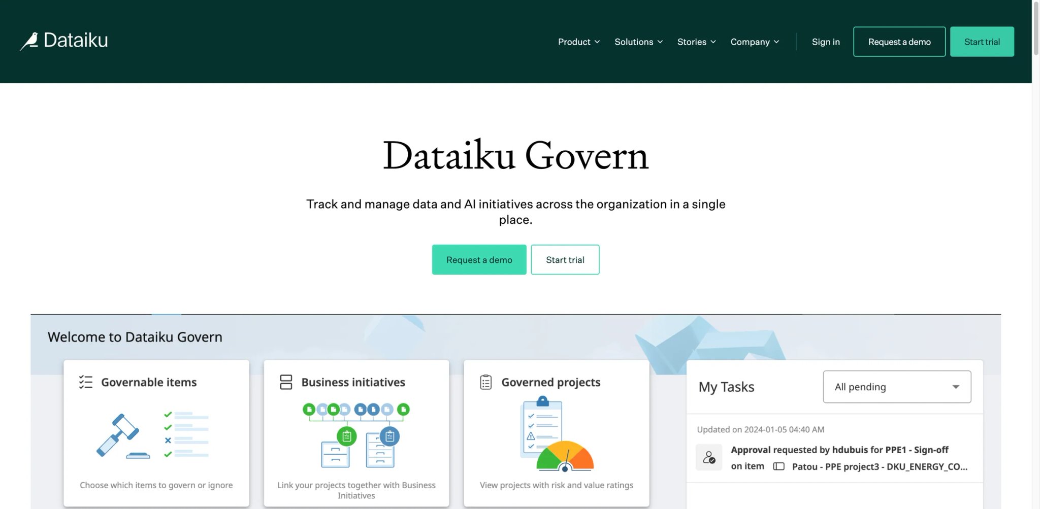 Dataiku Govern interface showing governance workflow management for AI projects