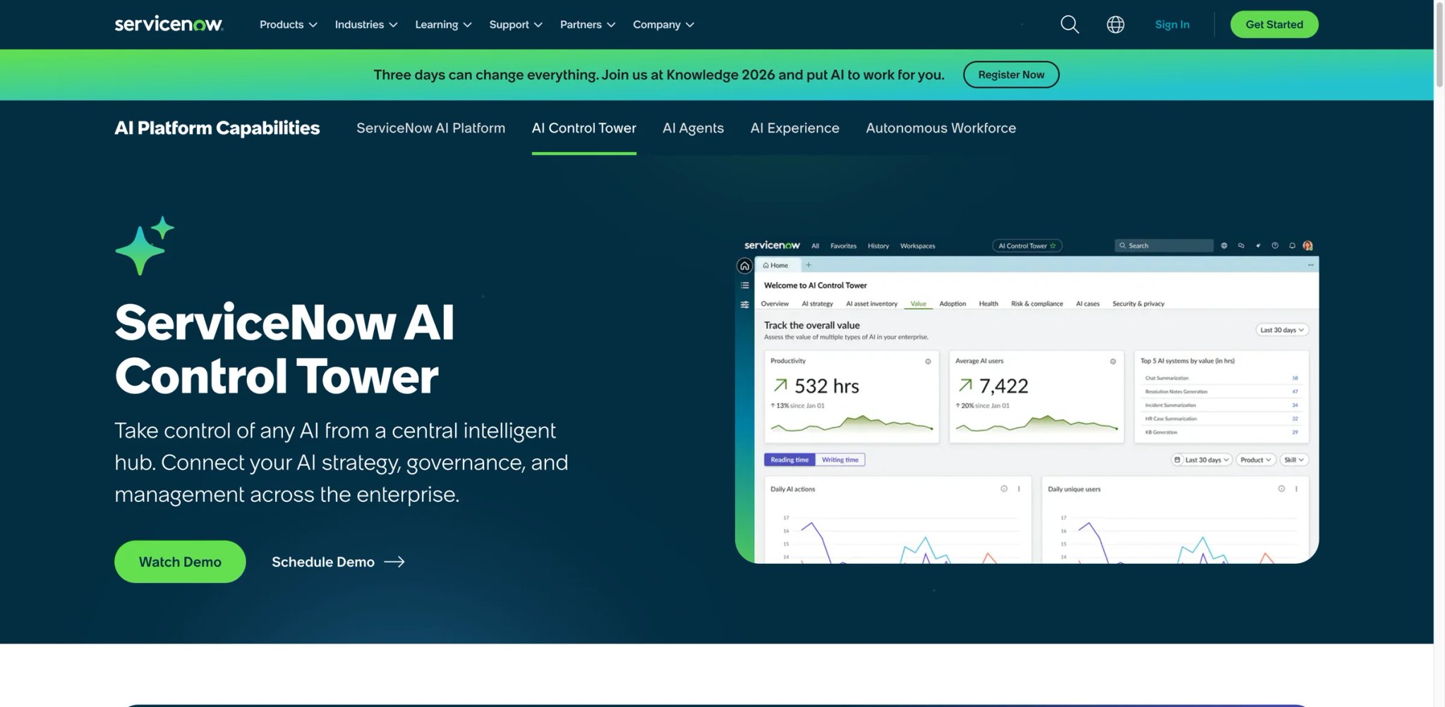 ServiceNow AI Control Tower interface showing centralized AI asset management and compliance hub
