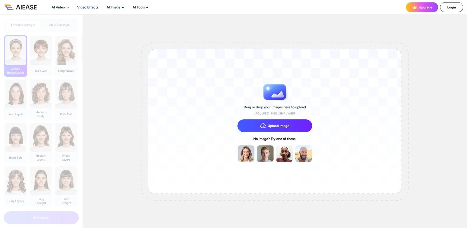 AI Ease hairstyle editor showing named presets, upload controls and an Upgrade entry