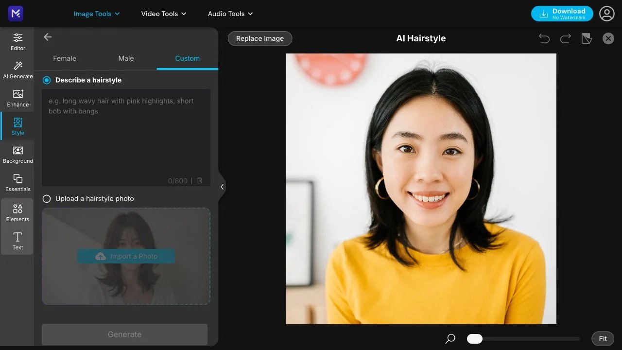 MyEdit hairstyle editor showing reference-photo and custom input choices