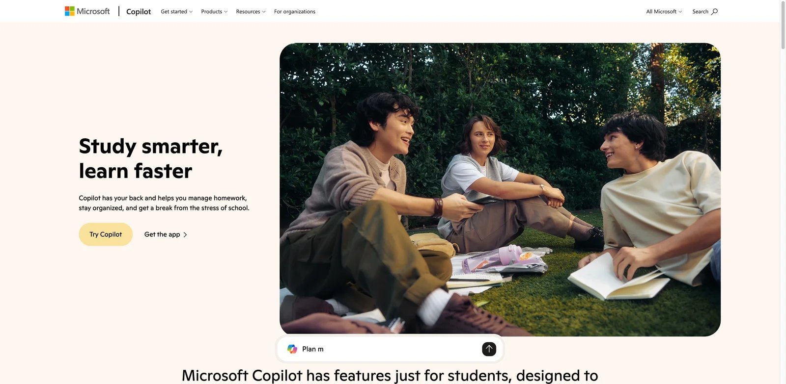 Microsoft Copilot interface showing Study and Learn Agent with flashcards and quizzes