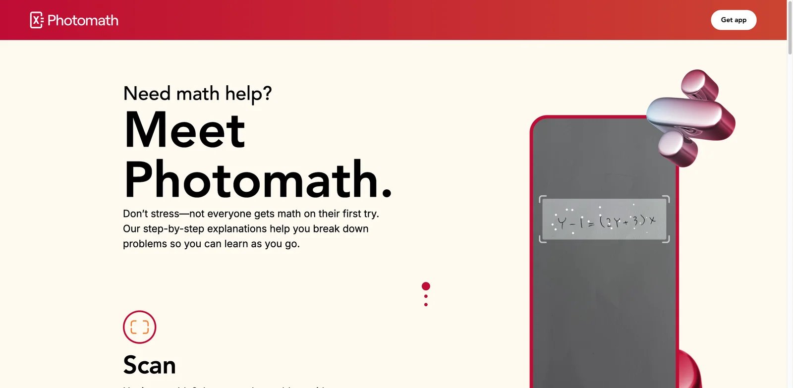 Photomath interface showing camera-based math steps for homework