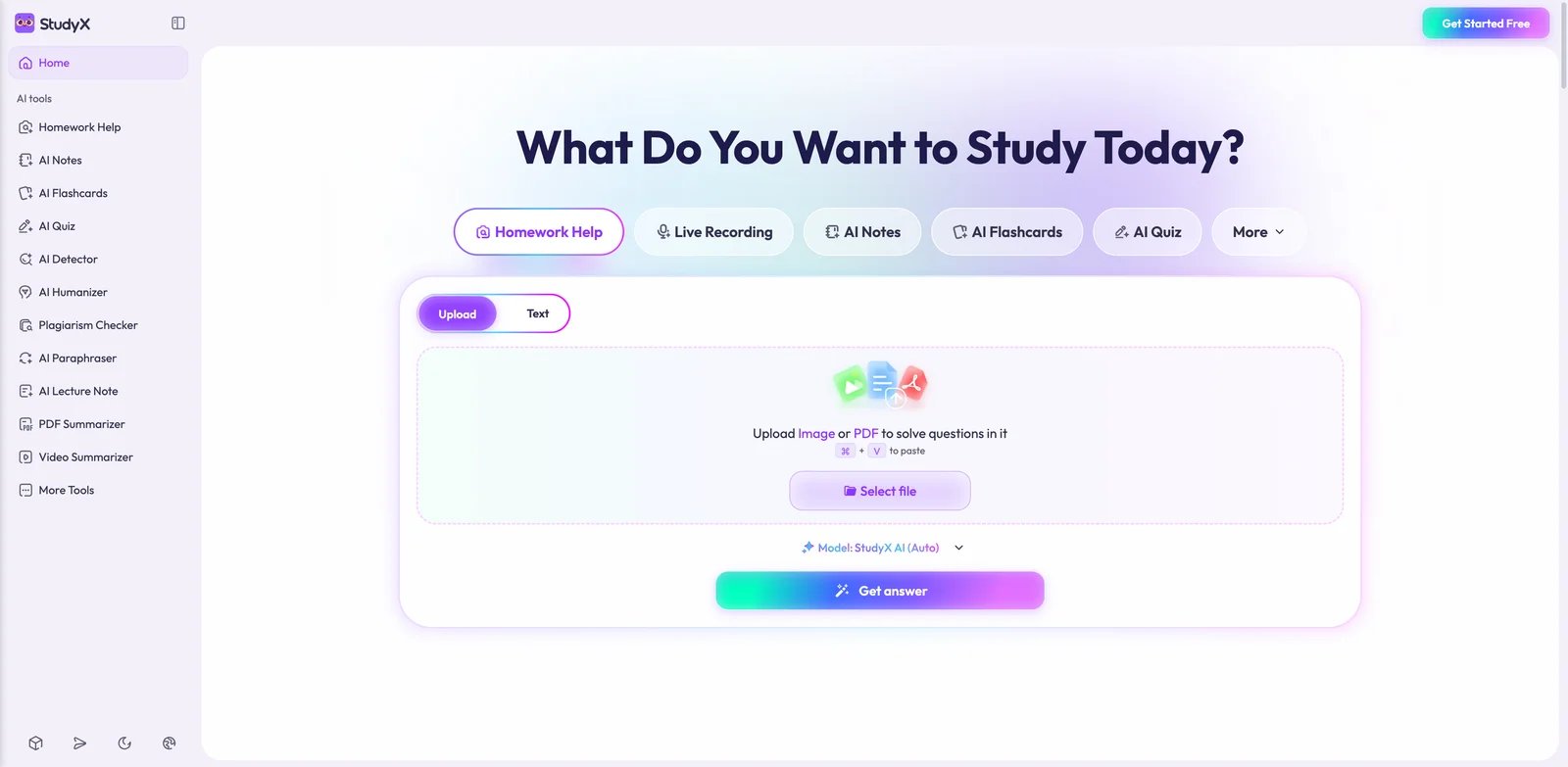 StudyX interface showing image homework solving, notes, flashcards, and quizzes
