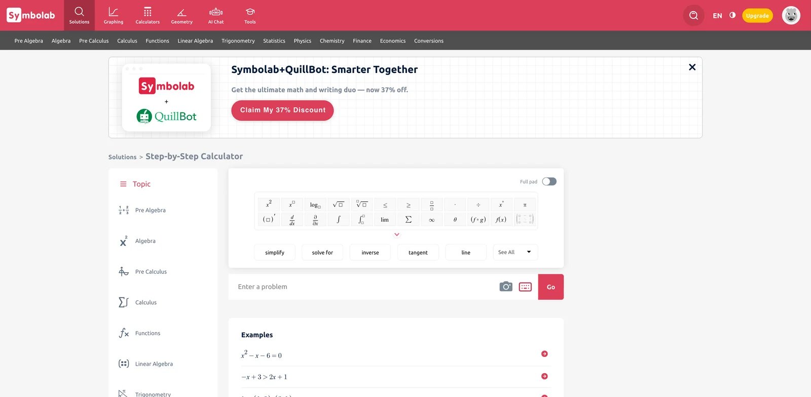 Symbolab interface showing math solution steps, AI chat, and practice