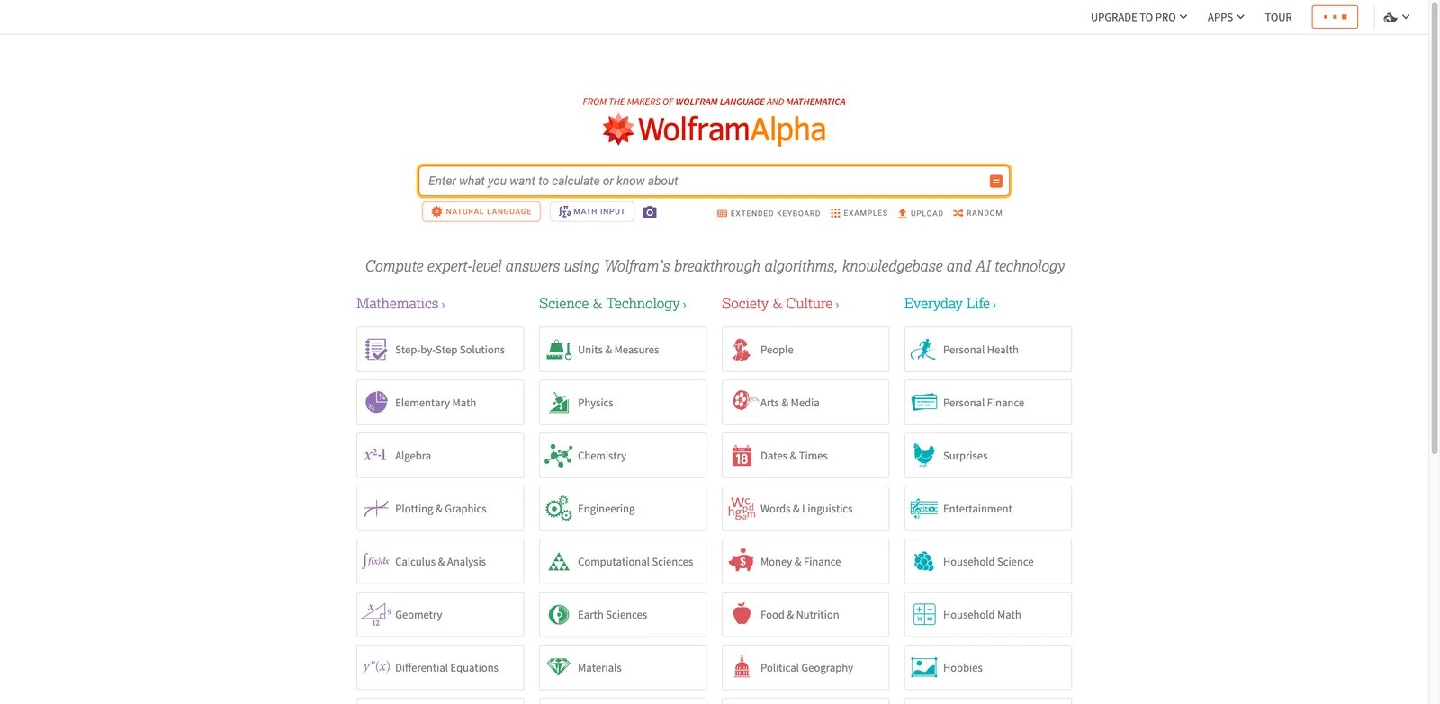 Wolfram Alpha interface showing advanced STEM computation and step-by-step math