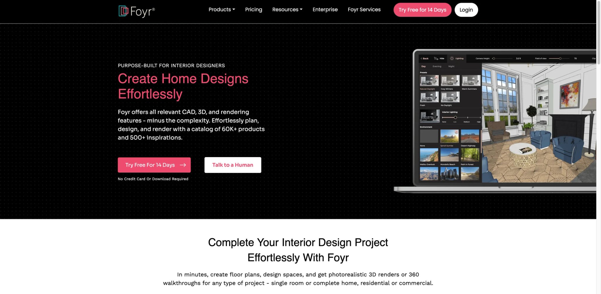 Foyr Neo interface showing end-to-end designer workflow