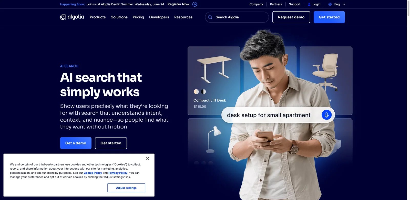 Algolia AI Search interface showing hybrid search and AI answer configuration