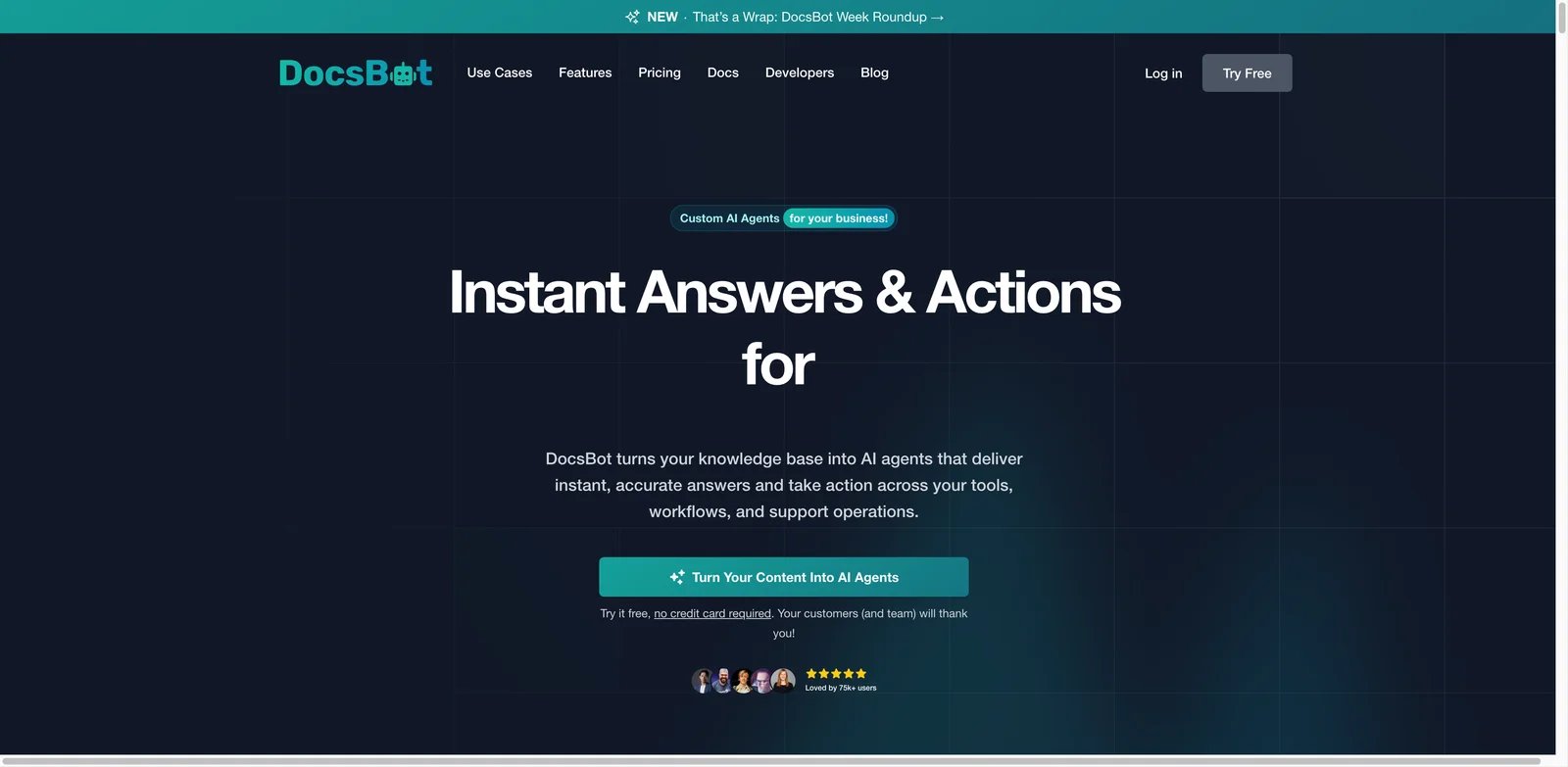 DocsBot AI interface showing a documentation chatbot and answer sources