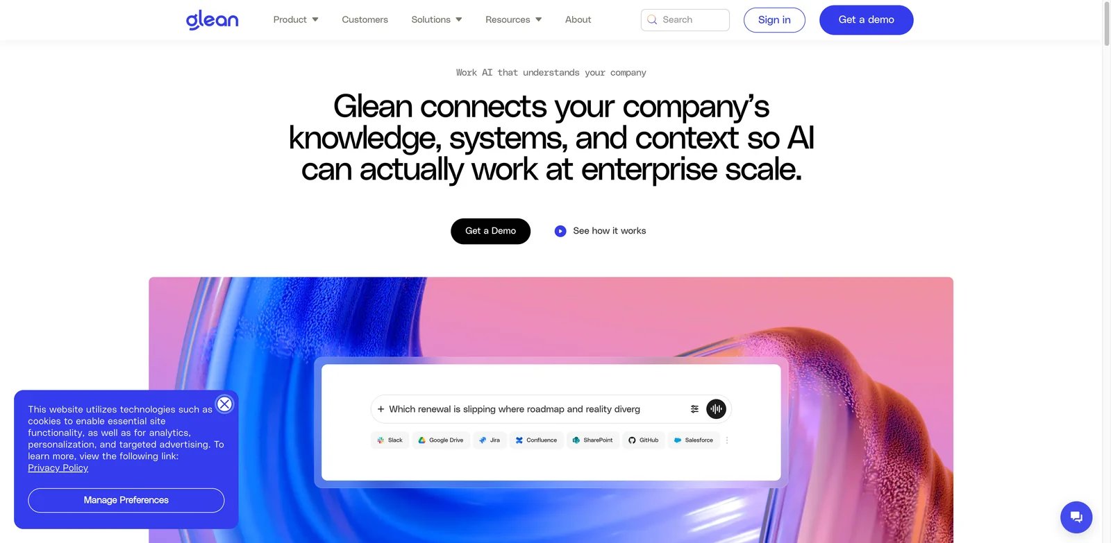 Glean interface showing enterprise search across connected workplace apps