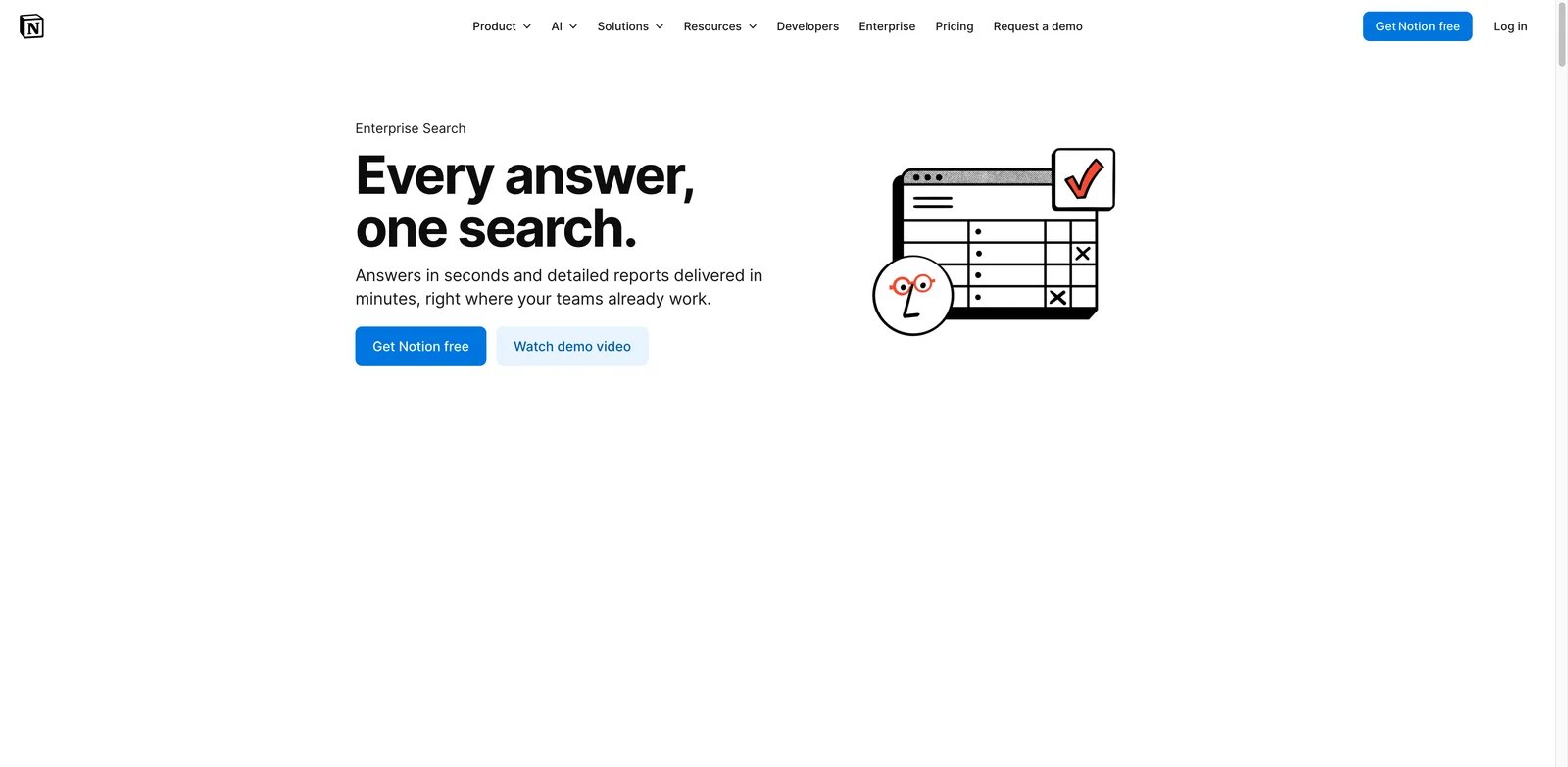 Notion AI / Enterprise Search interface showing workspace search and source-backed answers