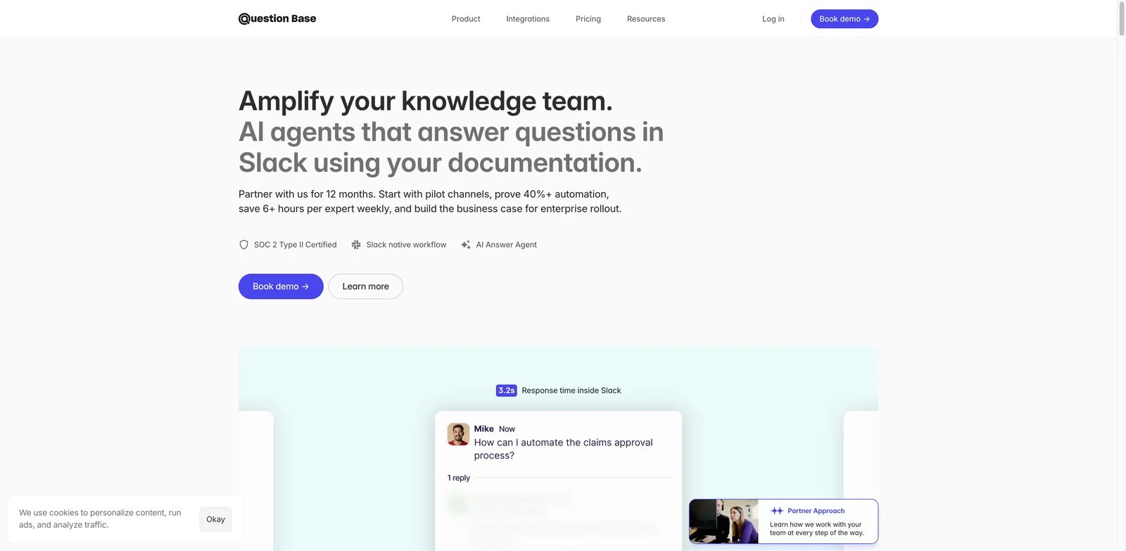 Question Base interface showing Slack questions answered from connected documentation