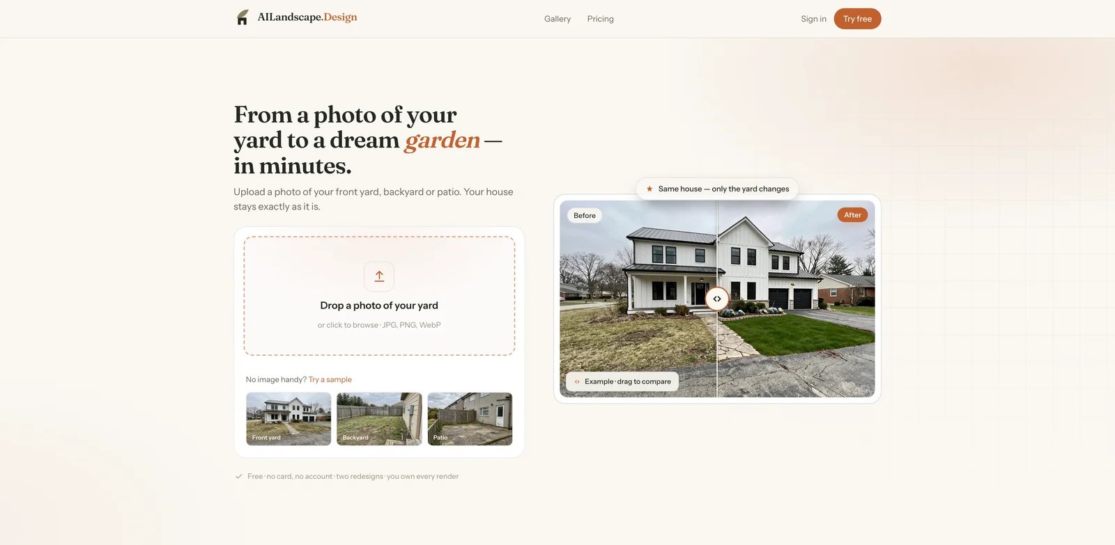 AILandscape.Design interface showing AI landscape design from a yard photo