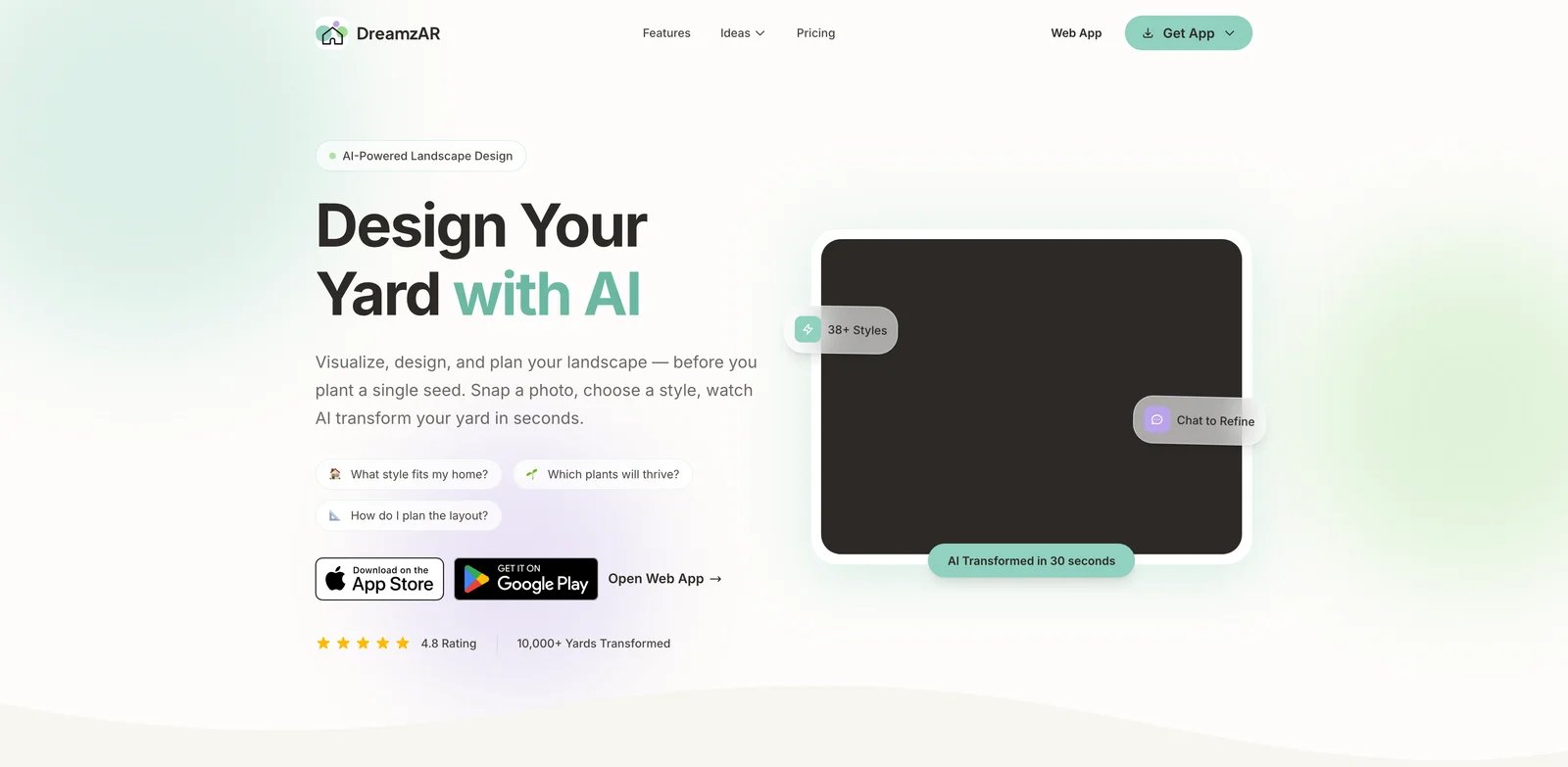 DreamzAR interface showing mobile AR landscape design