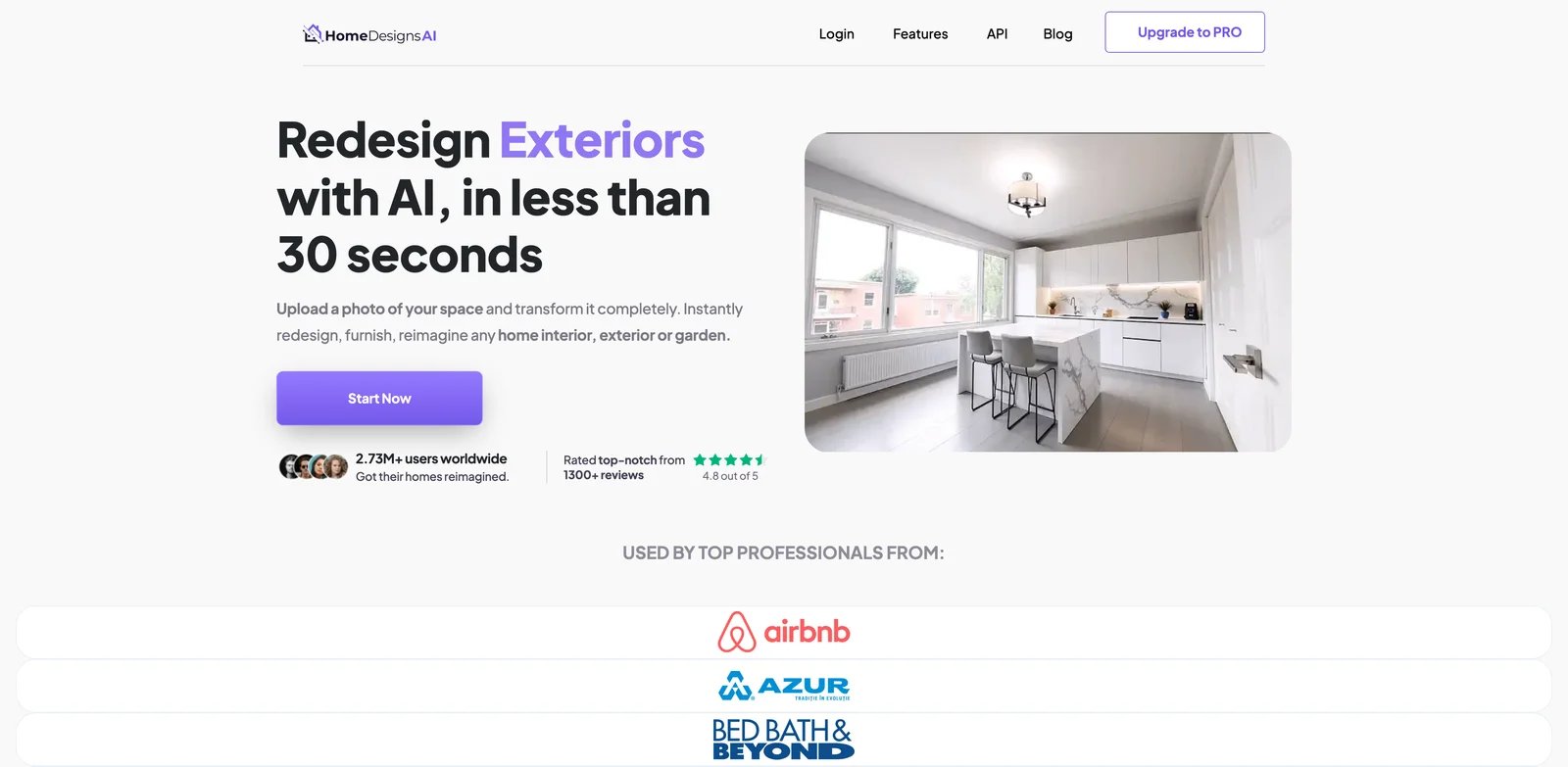 HomeDesignsAI interface showing exterior and garden AI redesign