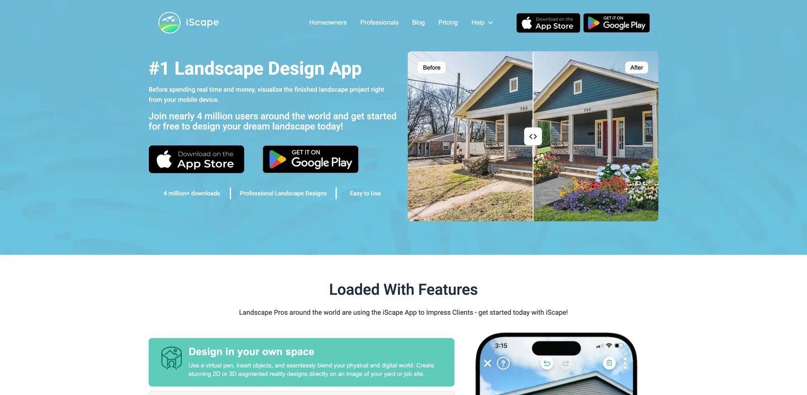 iScape interface showing 2D and 3D landscape design app