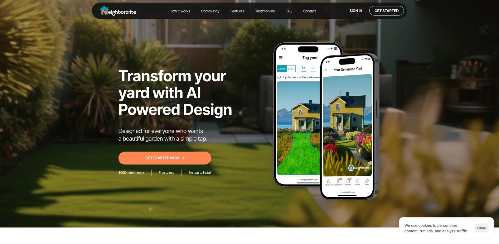 Neighborbrite interface showing tap-to-redesign AI landscape inspiration