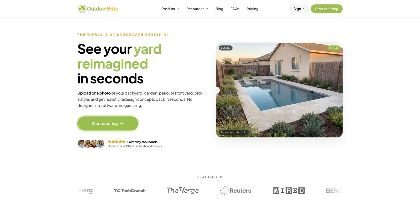 OutdoorBrite interface showing AI backyard and patio design concepts