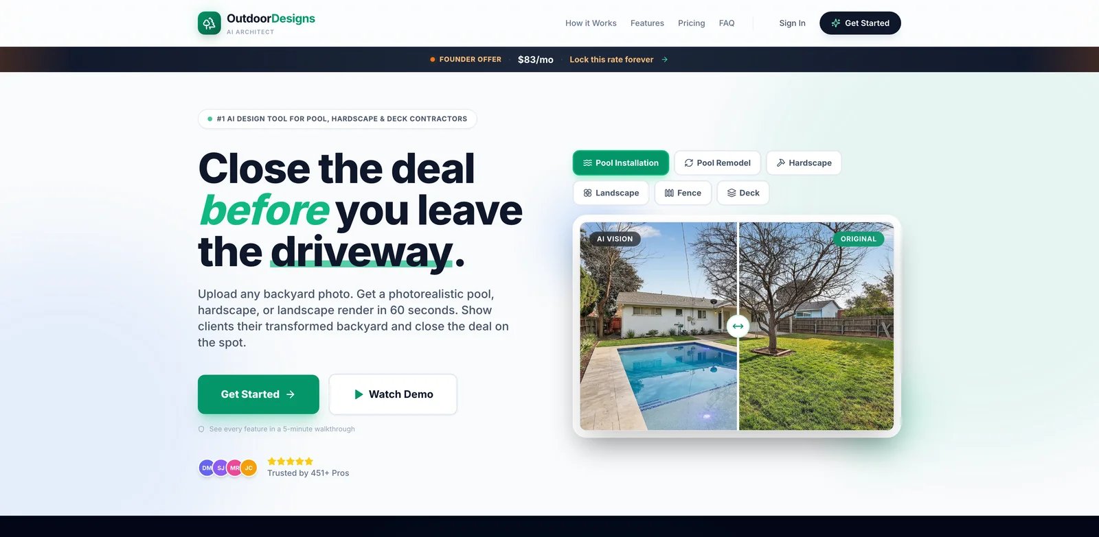 OutdoorDesigns AI interface showing contractor landscape sales visuals