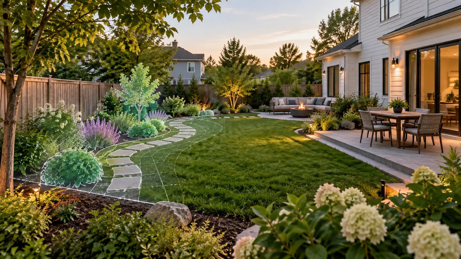 AI landscape design tools cover showing a yard transformed into an outdoor design plan