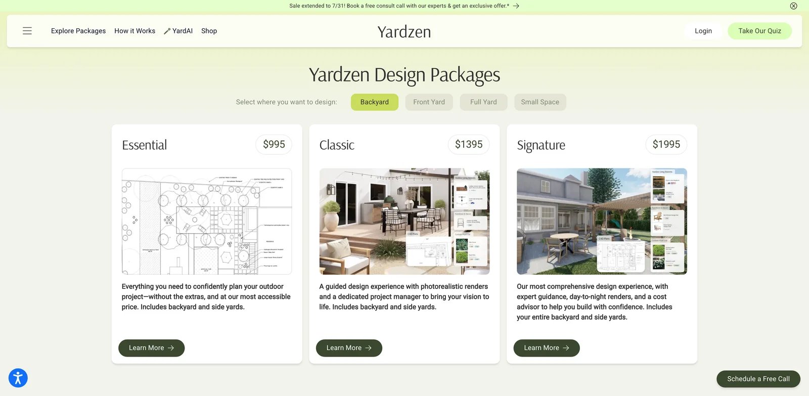 Yardzen interface showing online landscape design package options
