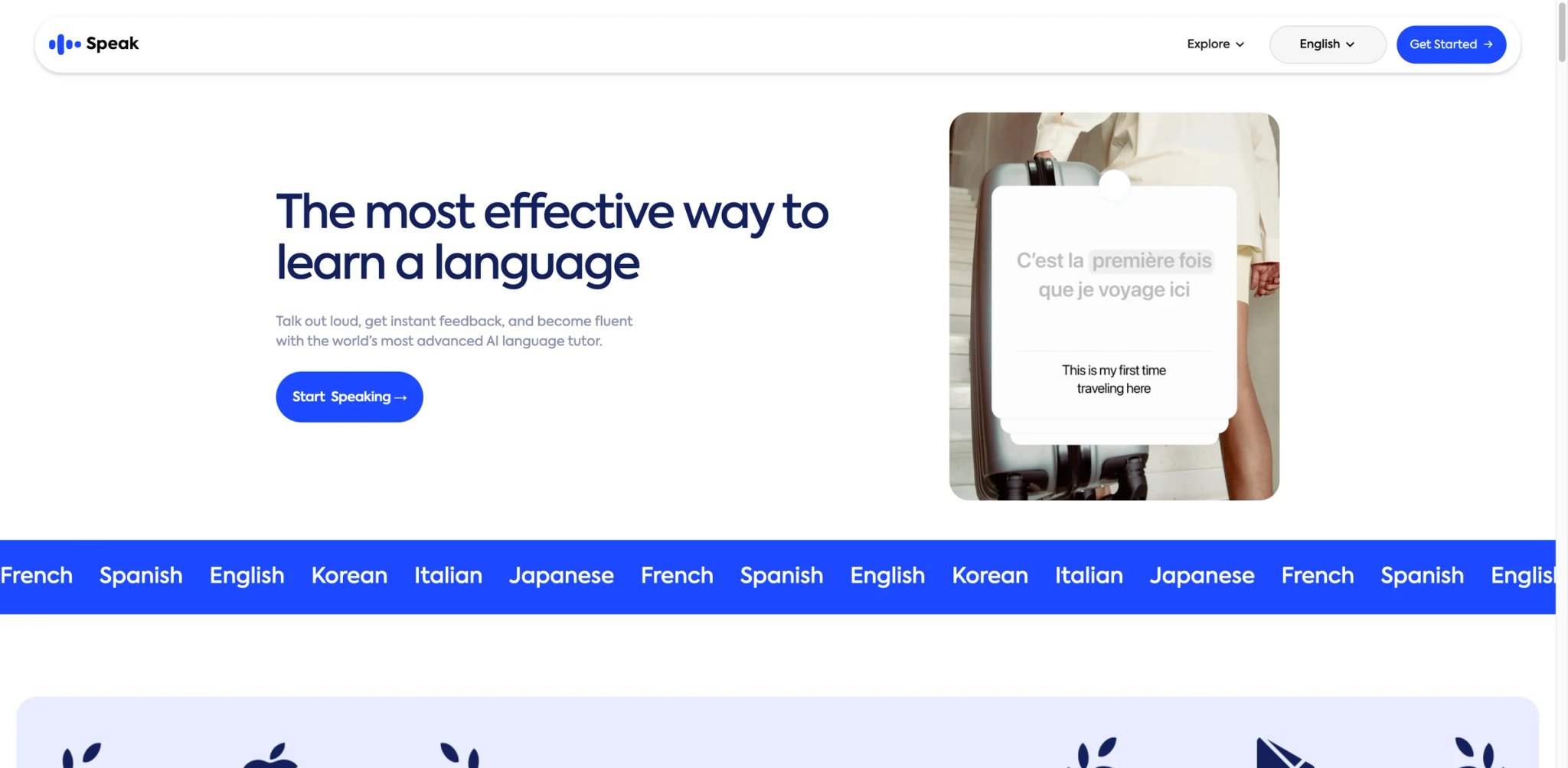 Speak interface showing structured lesson flow