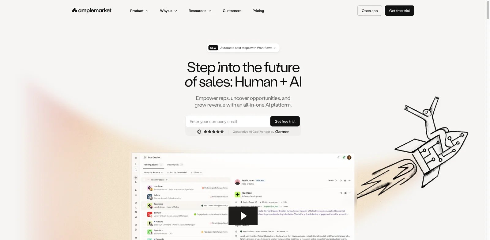 Amplemarket interface showing AI sales copilot and intent signals