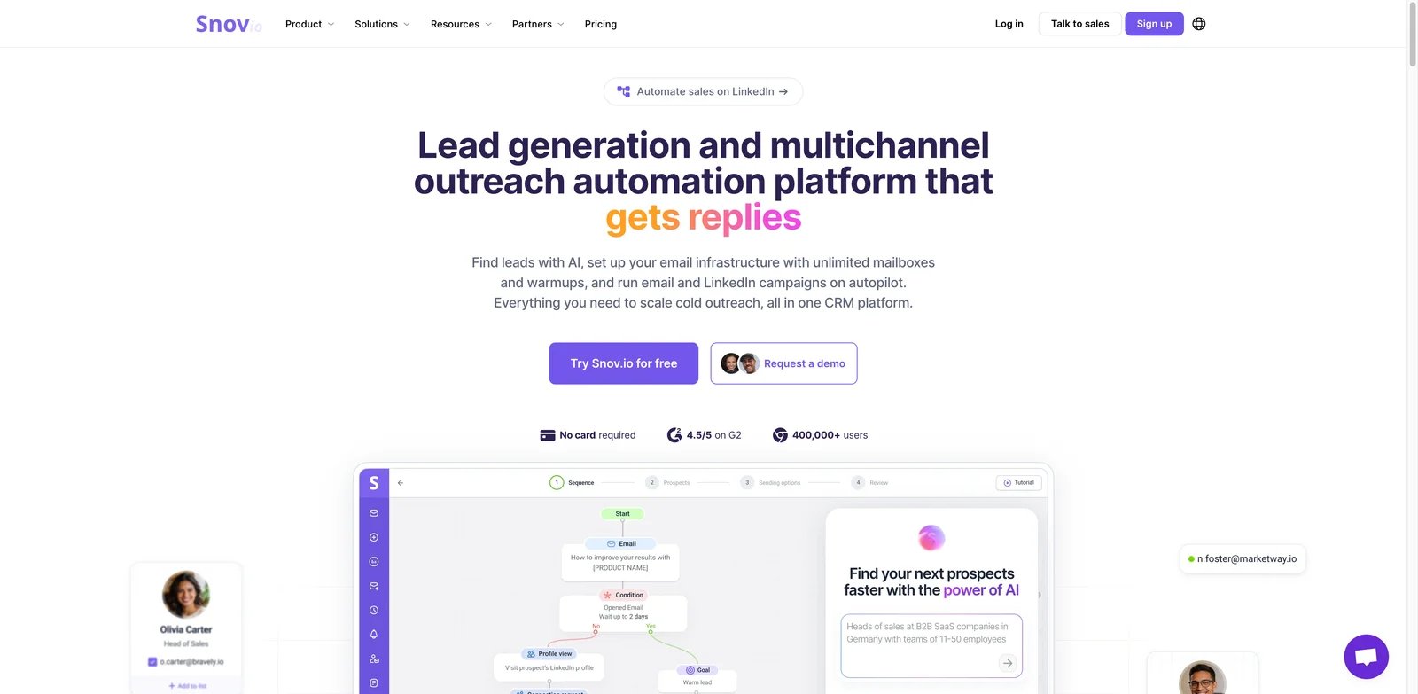 Snov.io interface showing prospecting verification and outreach campaigns