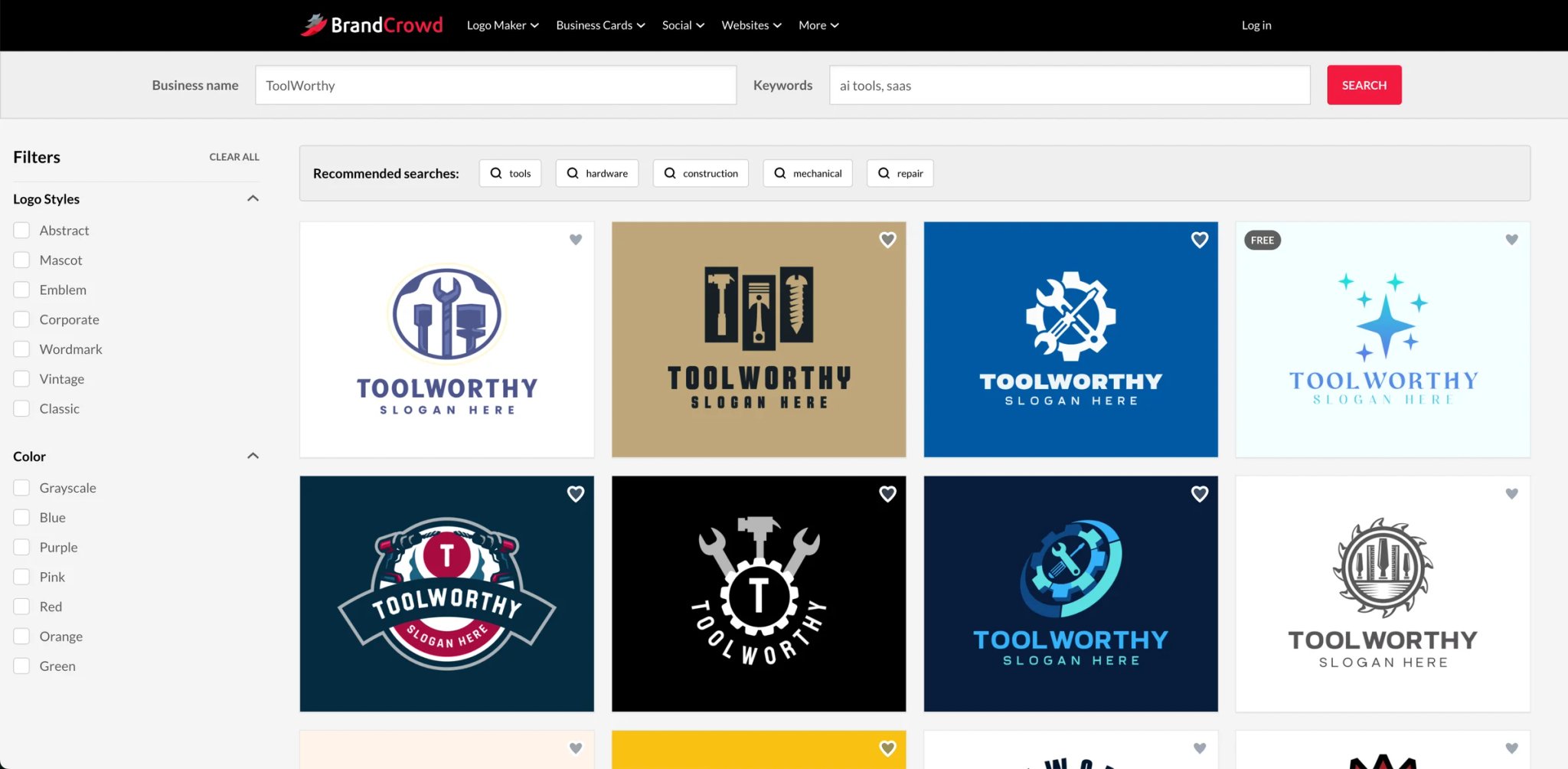 BrandCrowd interface showing logo maker and brand design platform