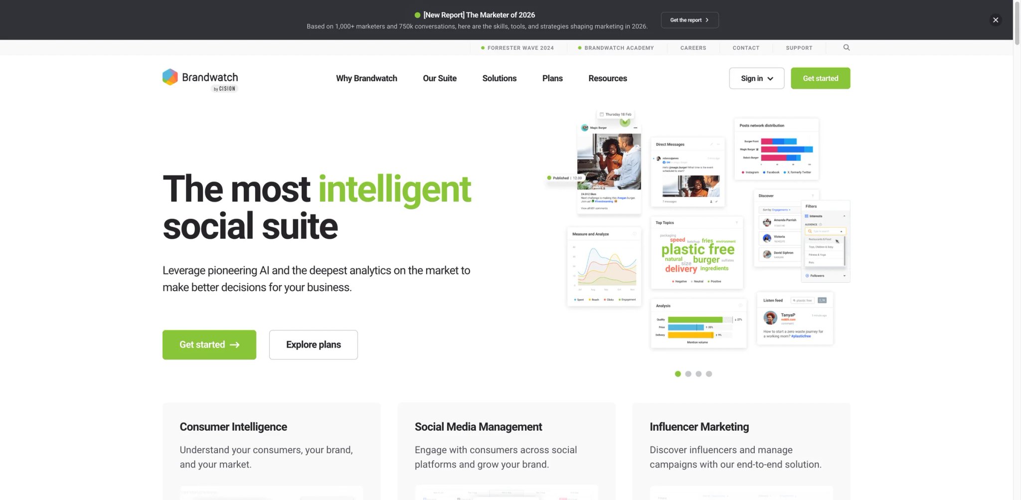 Brandwatch interface showing consumer intelligence suite with Iris AI summaries
