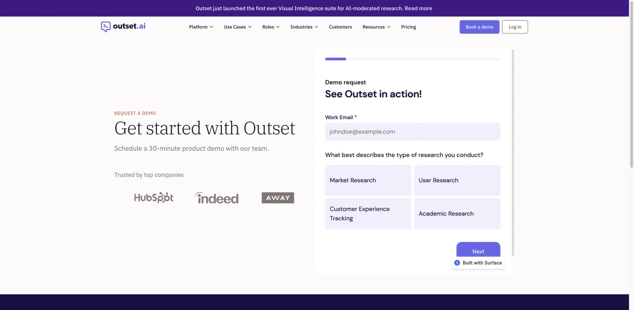 Outset interface showing an AI-moderated qualitative interview with real-time transcript