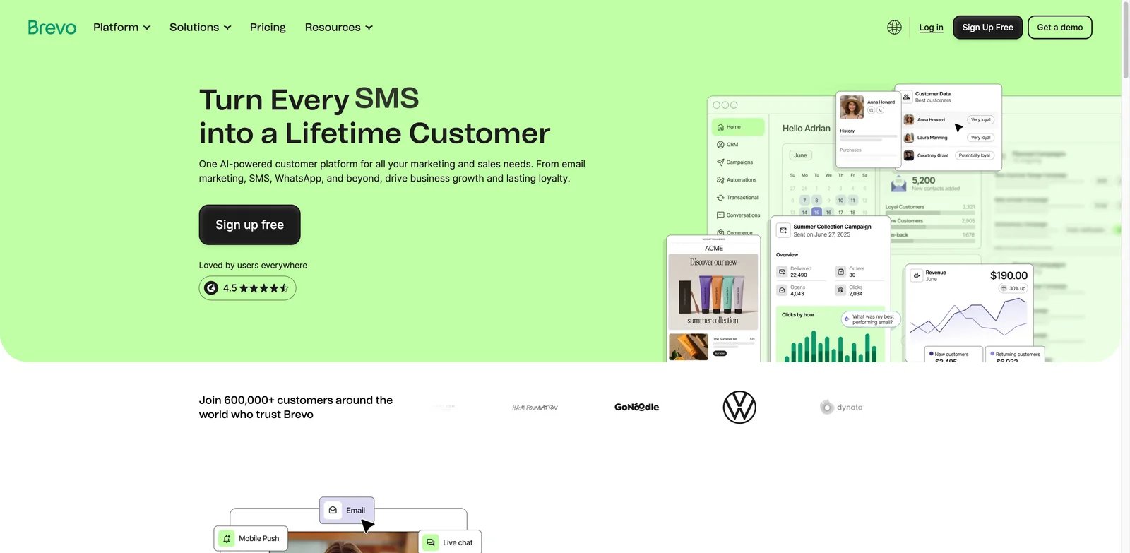Brevo interface showing email marketing automation and customer journeys