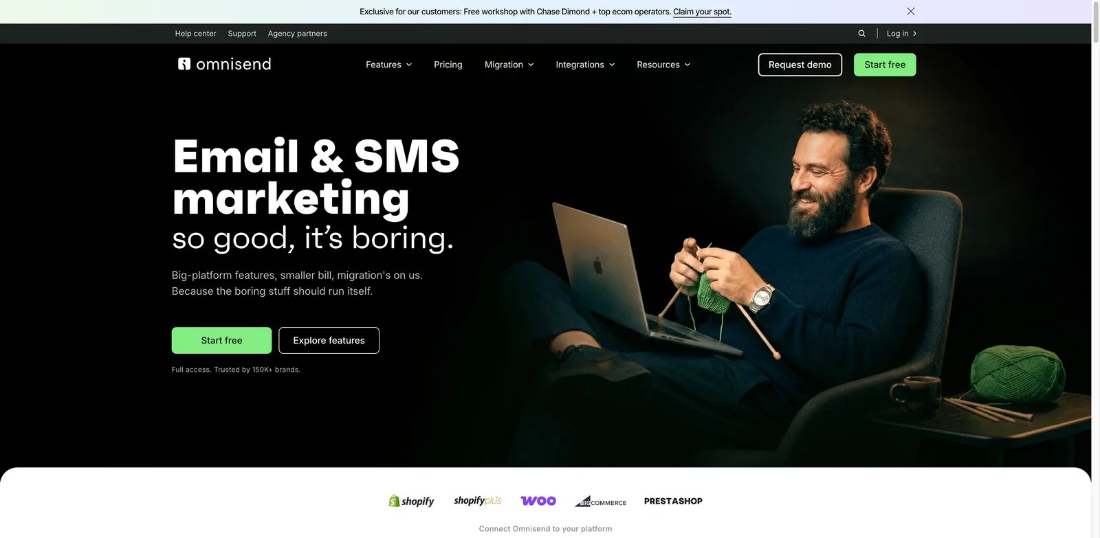 Omnisend interface showing ecommerce email and SMS automation workflow