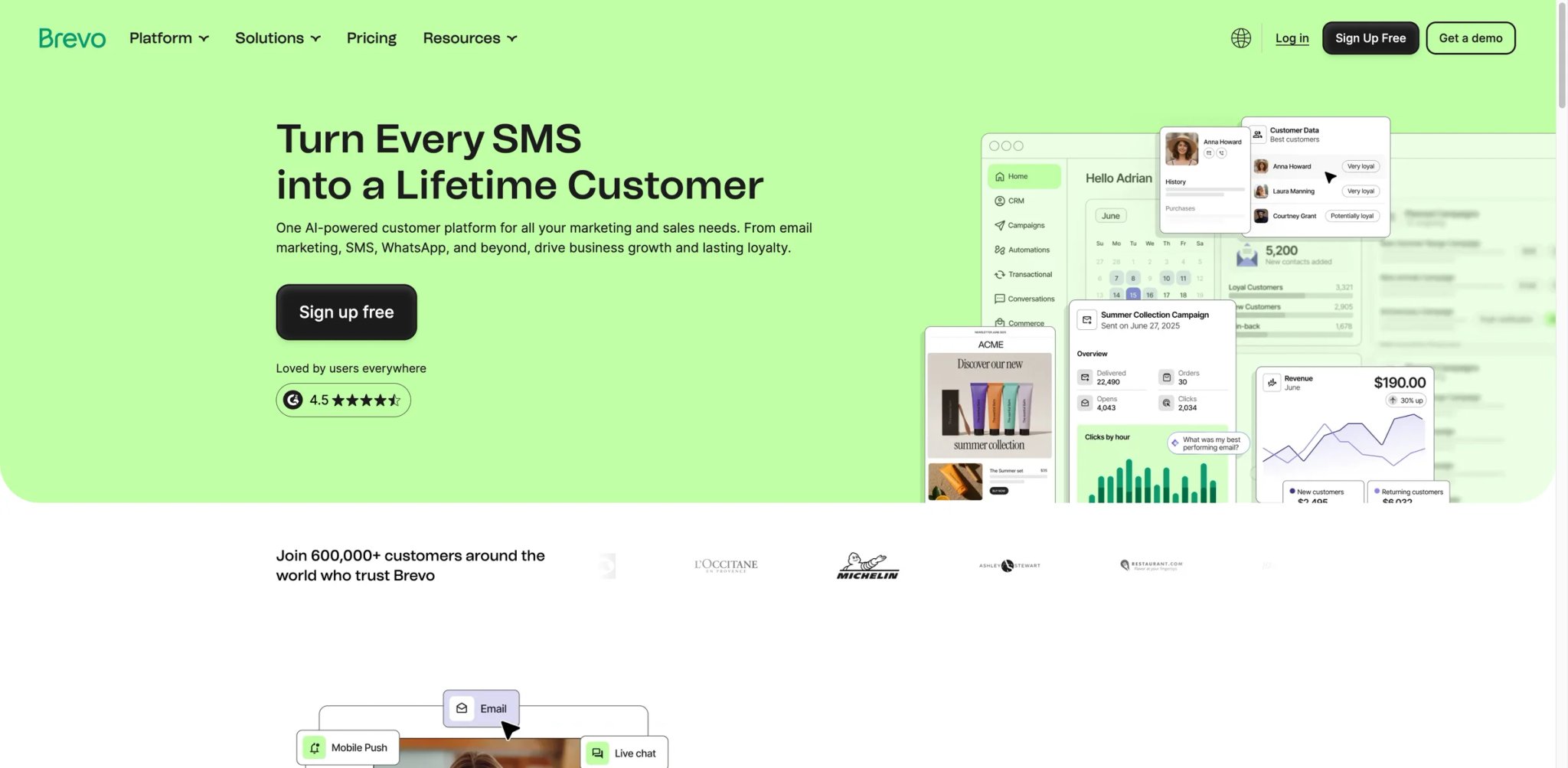 Brevo interface showing multi-channel campaign builder