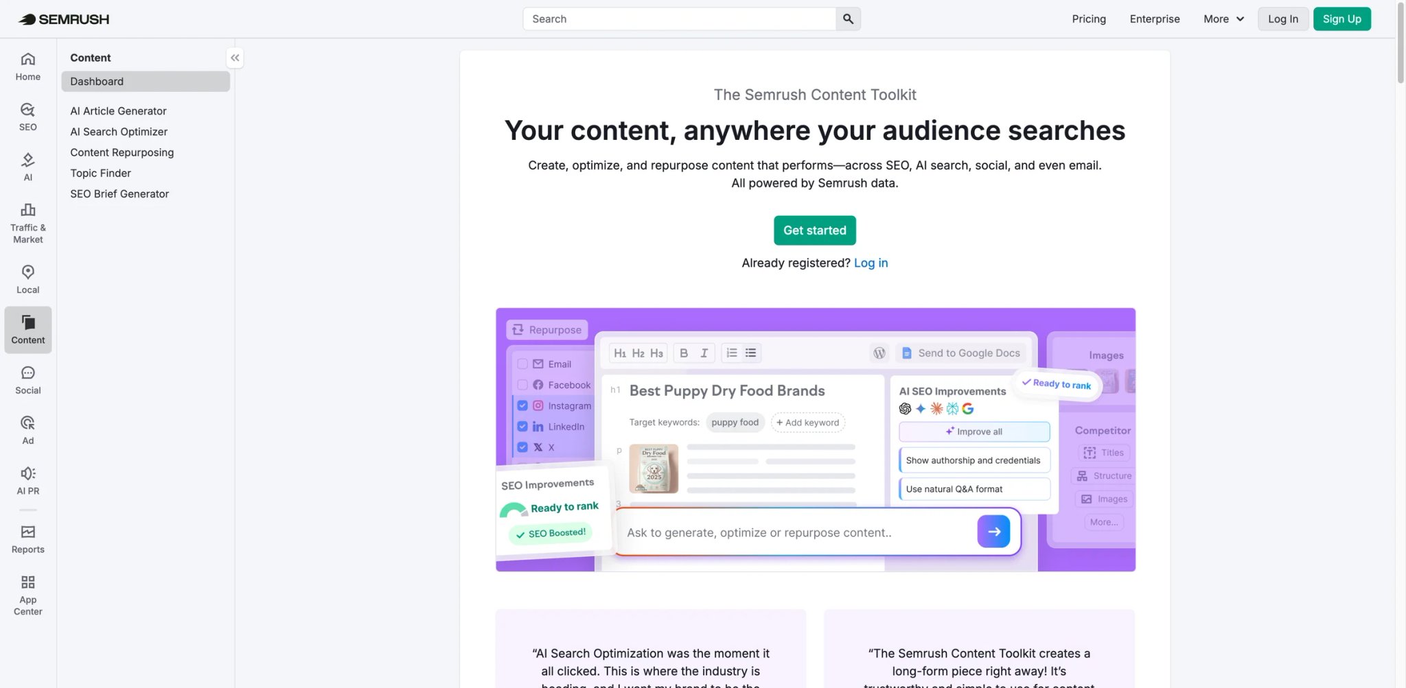 Semrush interface showing domain analytics and keyword research dashboard