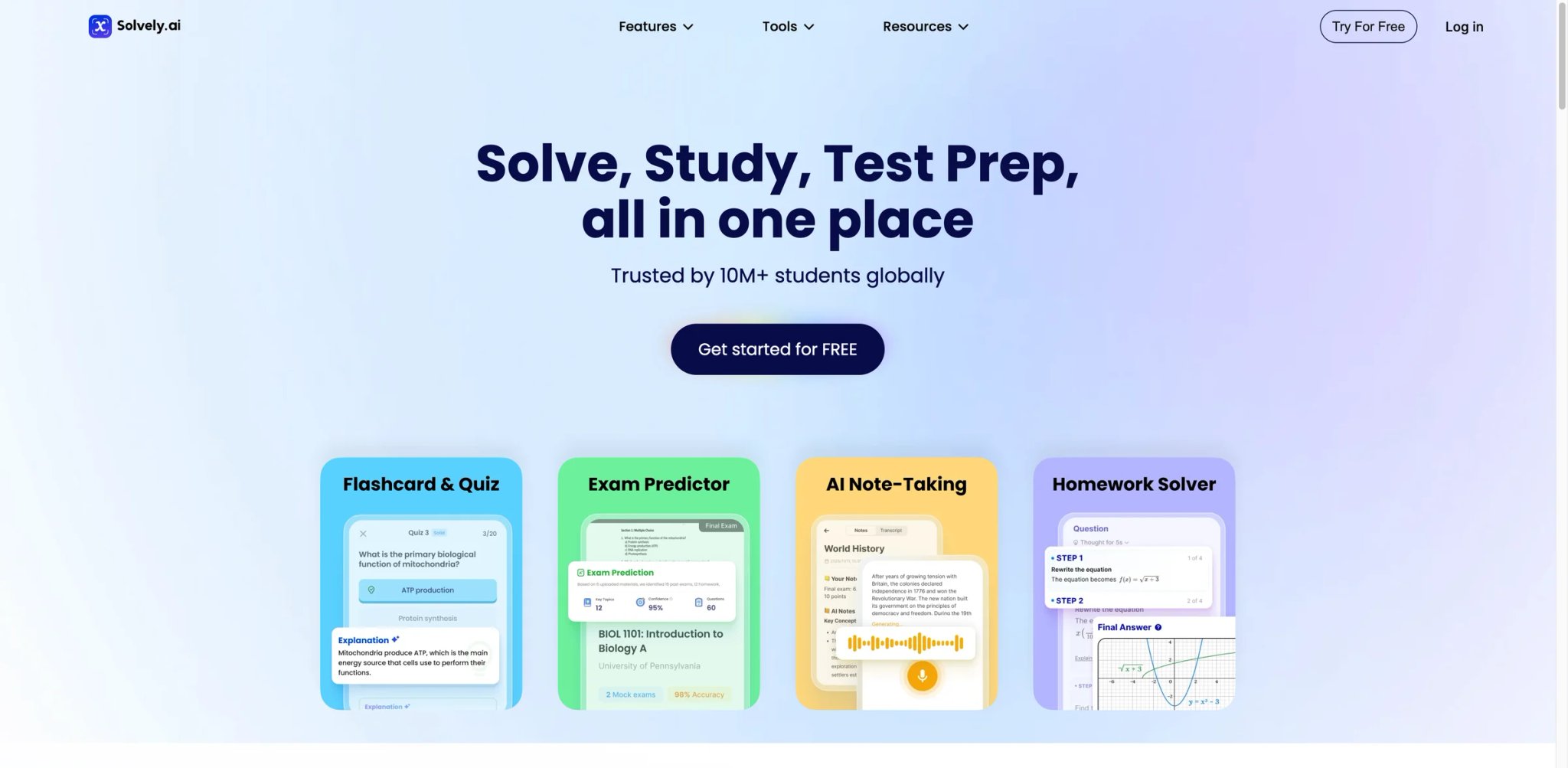 Solvely interface showing AI study companion features