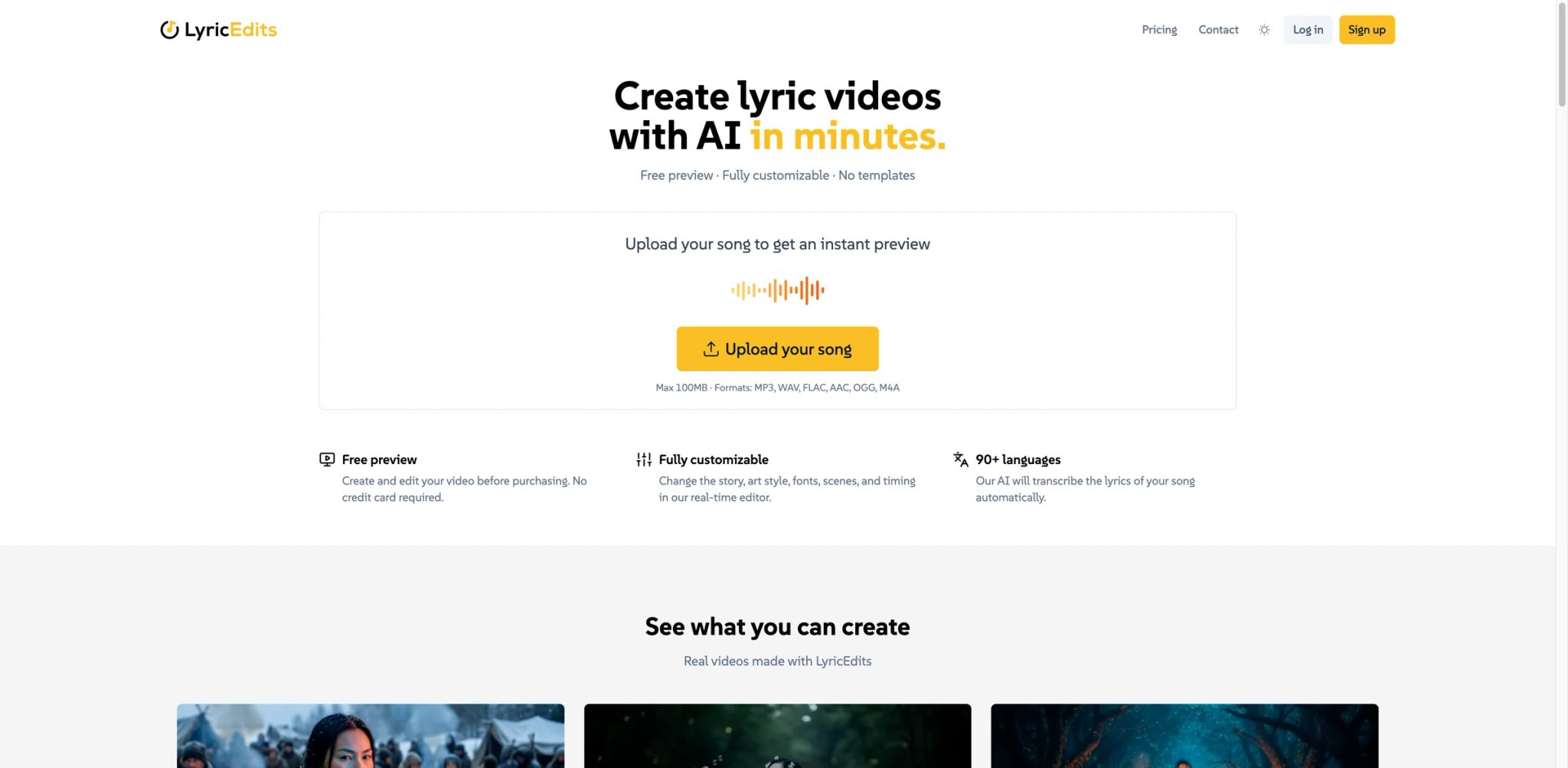 LyricEdits interface showing AI lyric video timeline with 90 language support