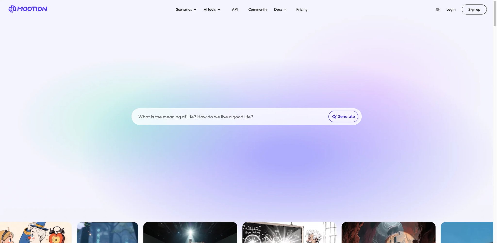 Mootion interface showing multi-modal AI video workspace with music sync