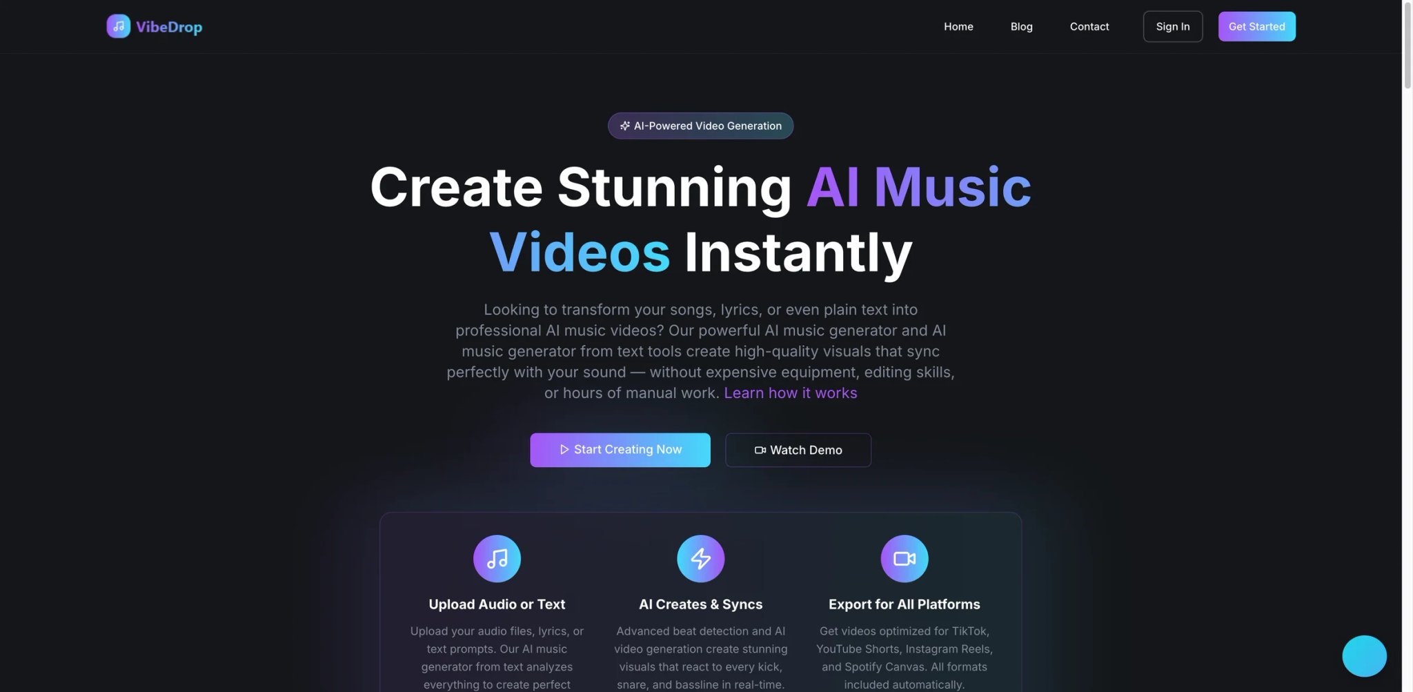 Vibesdrop interface showing audio to music video with commercial rights
