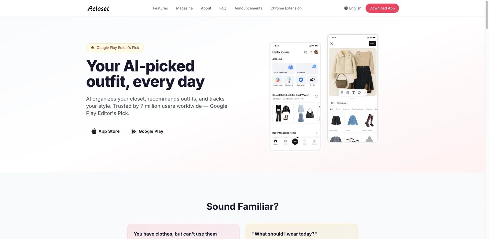 Acloset interface showing AI fashion assistant and outfit calendar