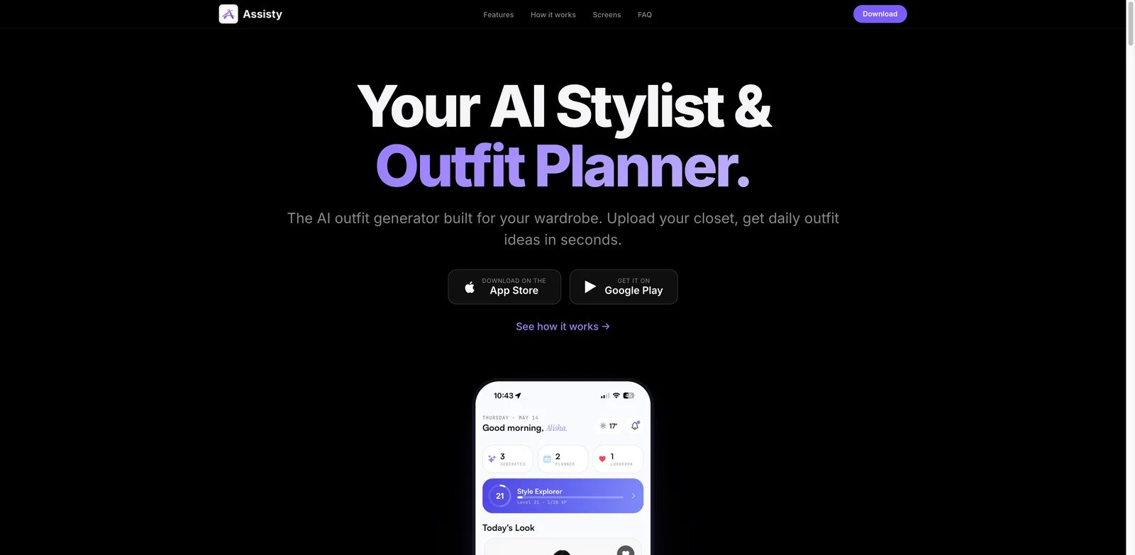 Assisty interface showing fast AI outfit generator and style chat