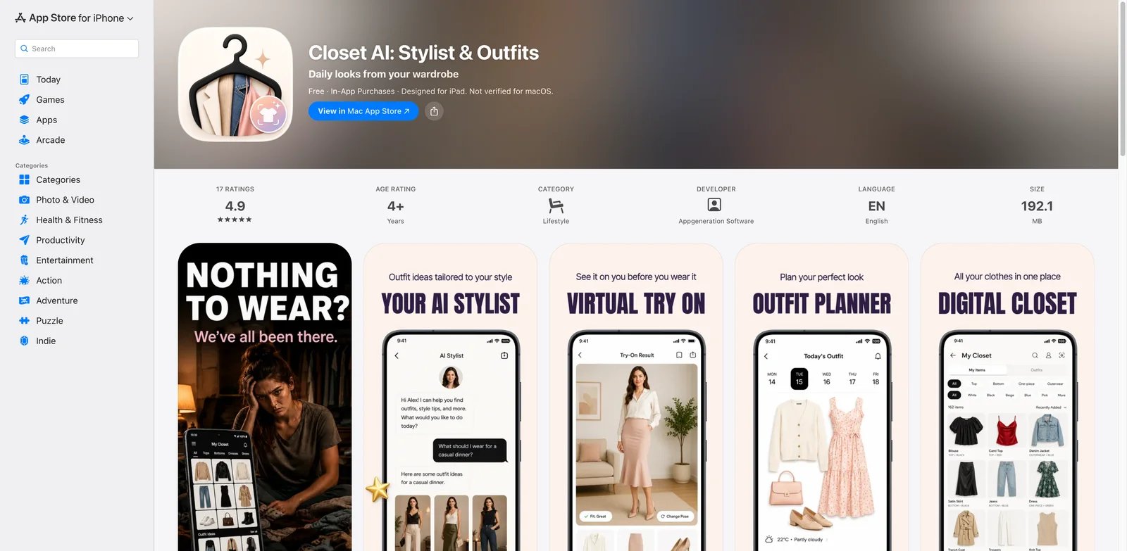 Closet AI Stylist Outfits interface showing daily AI looks and virtual try-on