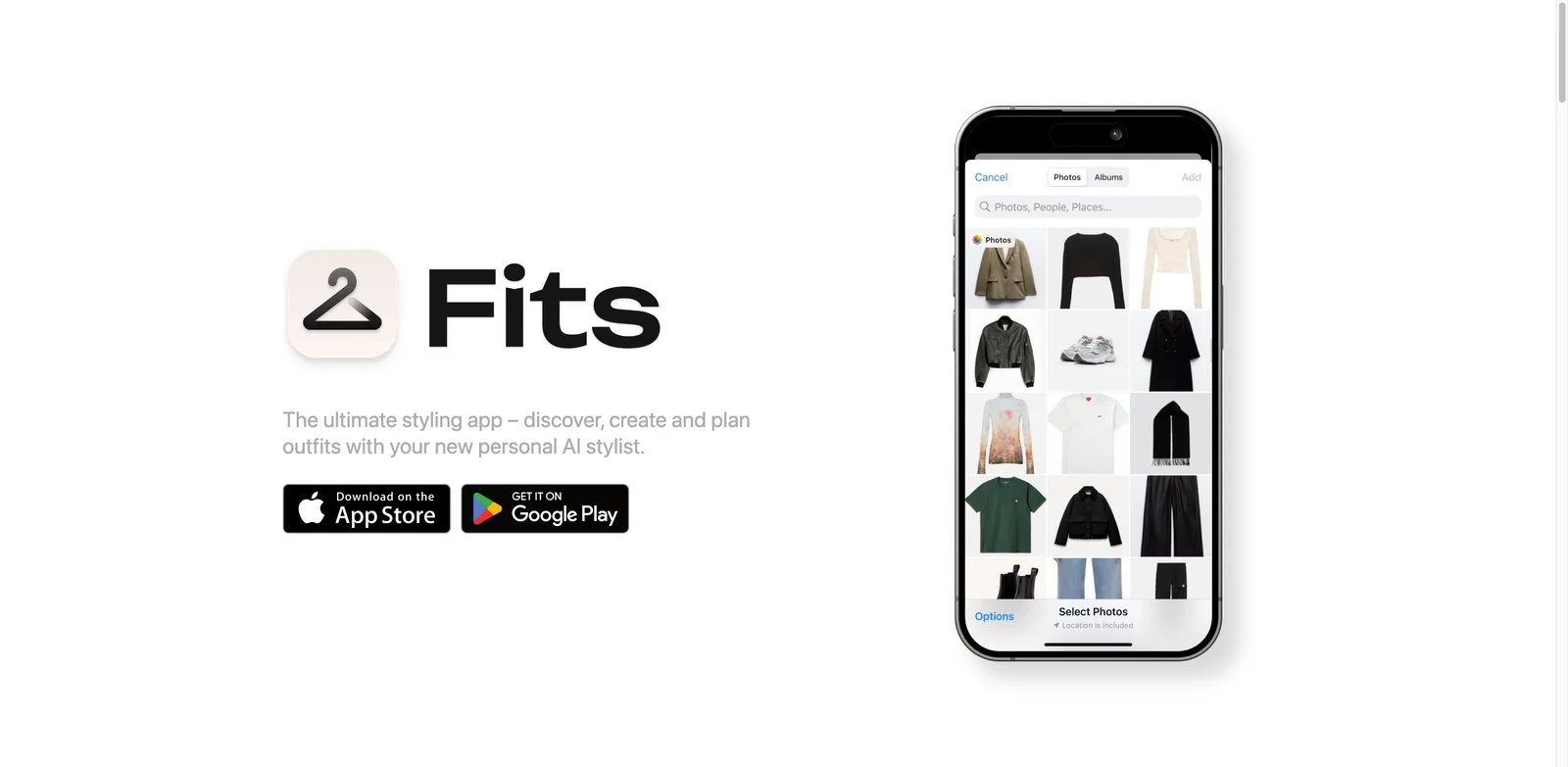 Fits interface showing AI closet planner and outfit recommendations