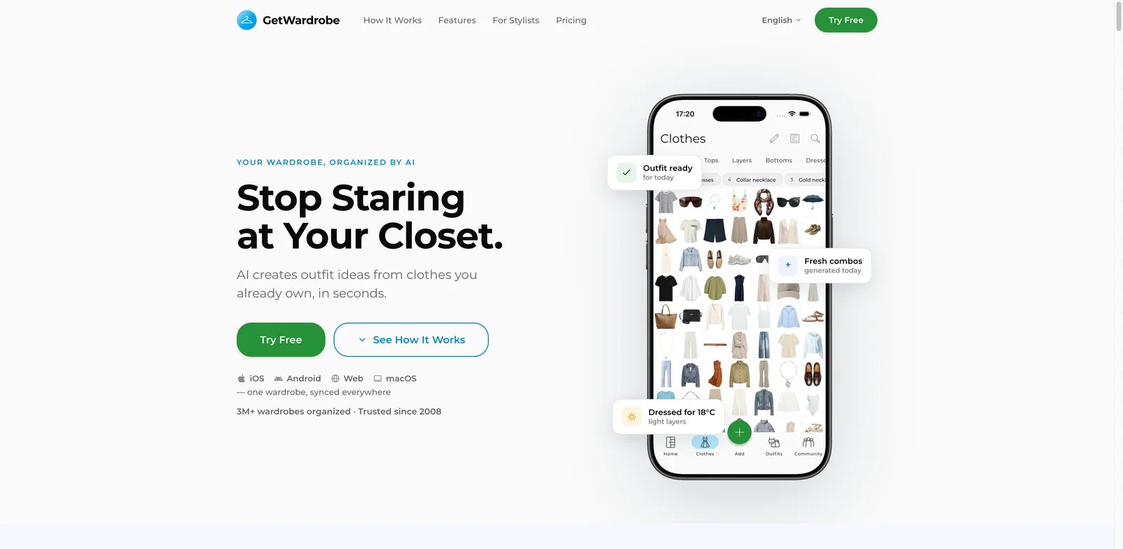 GetWardrobe interface showing AI wardrobe outfit generator and packing tools