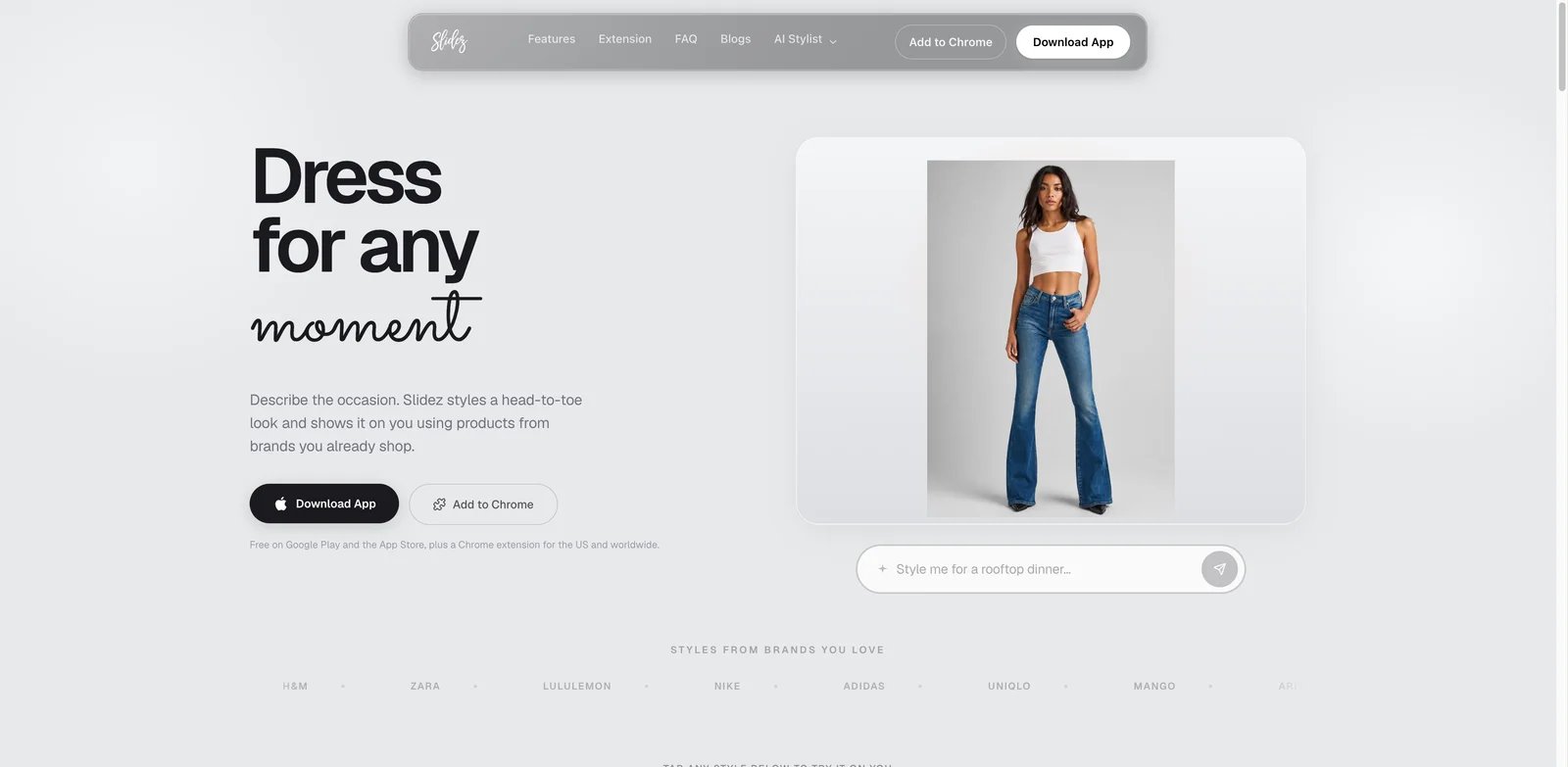 Slidez interface showing prompt based outfit generation and virtual try-on