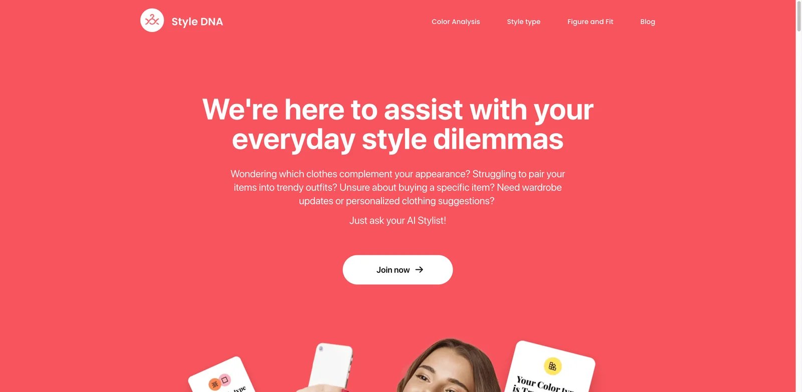 Style DNA interface showing AI stylist color analysis and wardrobe outfits