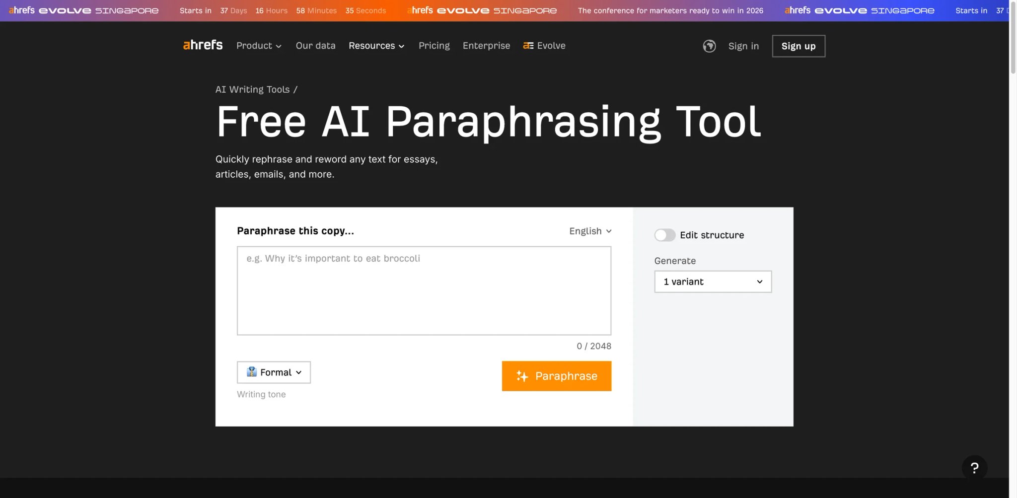 Ahrefs interface showing free paraphrasing tool