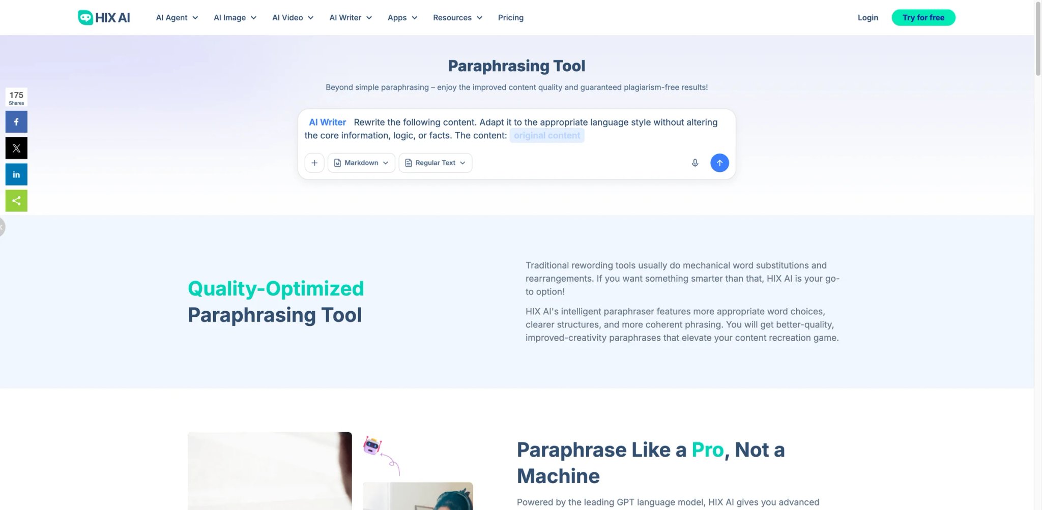 HIX.AI interface showing paraphrasing tool
